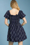 Puff Sleeve Plaid Mini Dress - Dark Blue