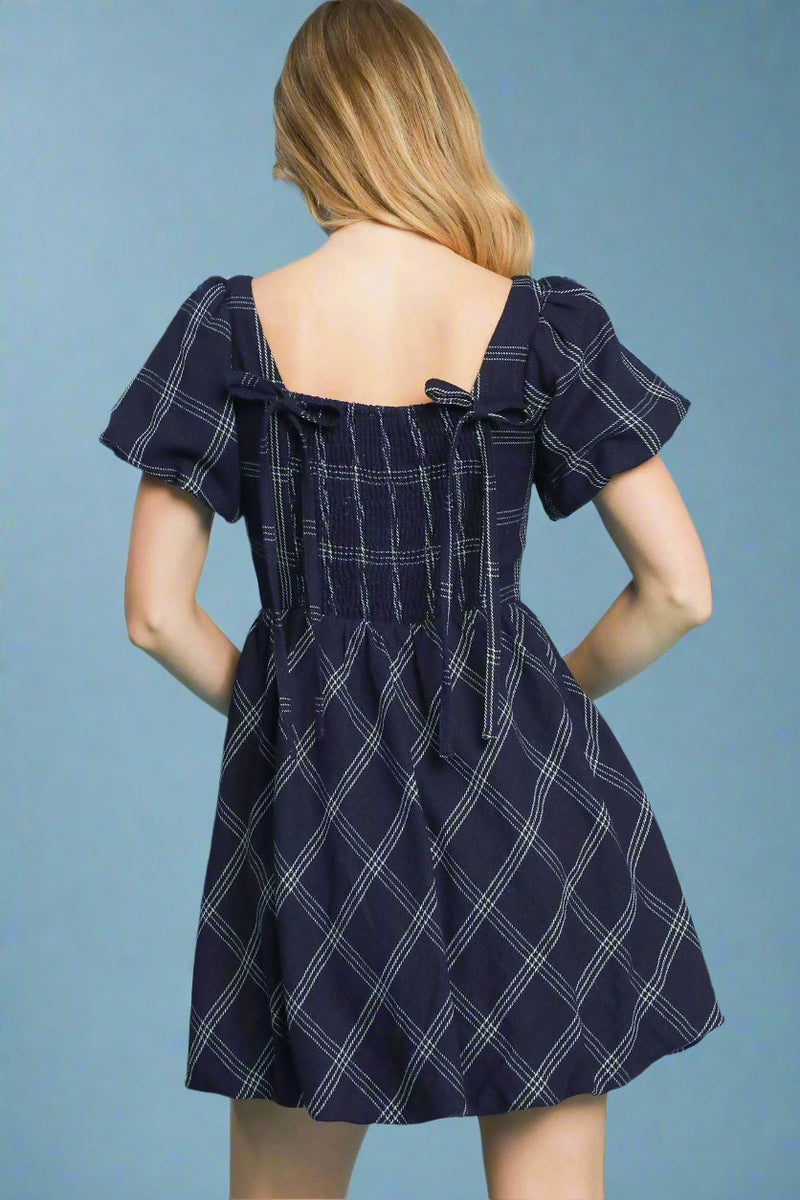 Puff Sleeve Plaid Mini Dress - Dark Blue