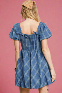 Puff Sleeve Plaid Mini Dress - Medium Blue