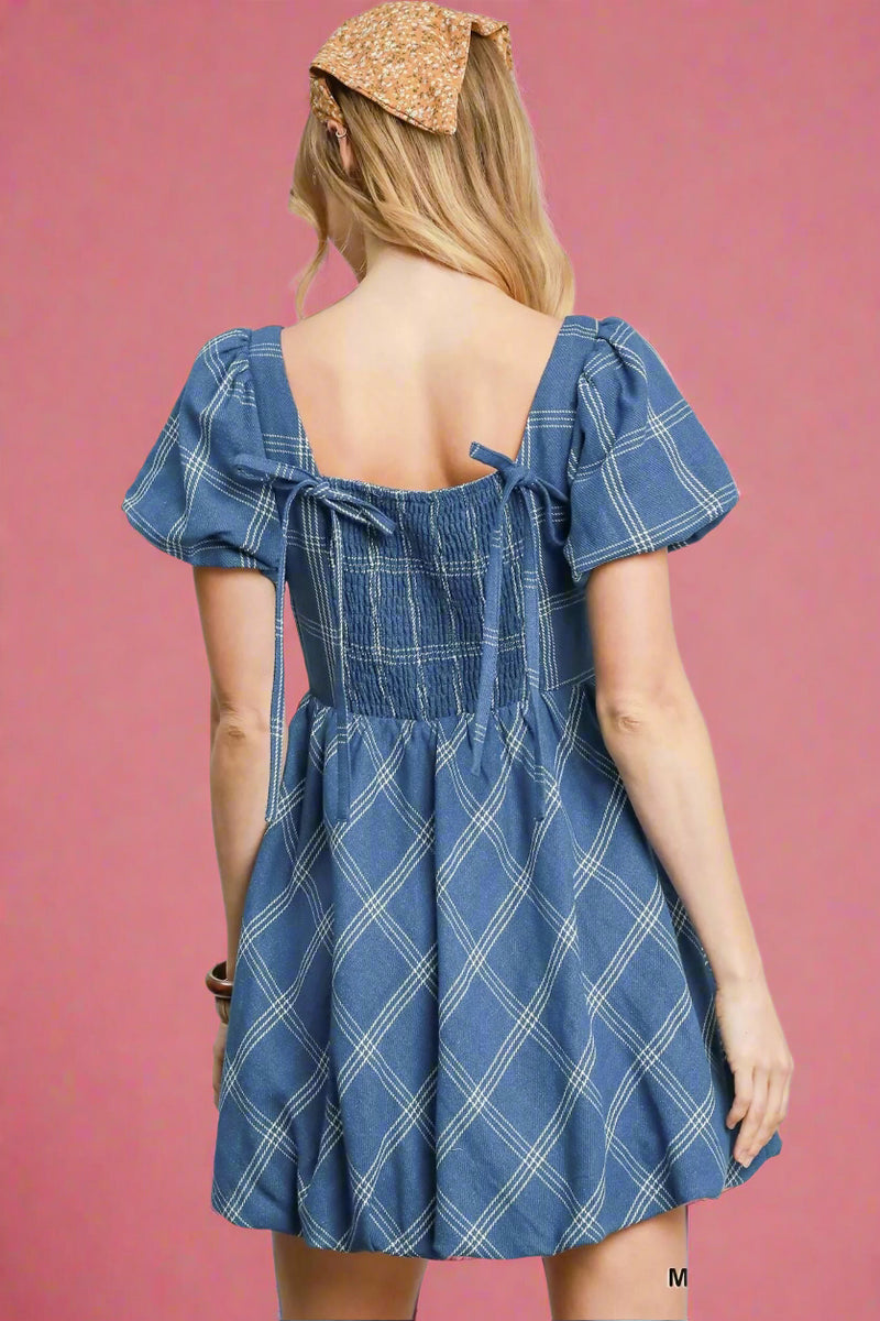 Puff Sleeve Plaid Mini Dress - Medium Blue