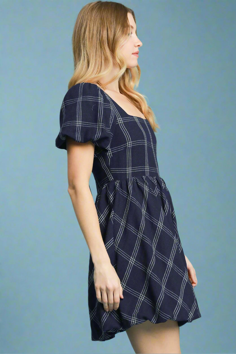Puff Sleeve Plaid Mini Dress - Dark Blue