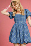 Puff Sleeve Plaid Mini Dress - Medium Blue
