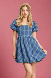 Puff Sleeve Plaid Mini Dress - Medium Blue