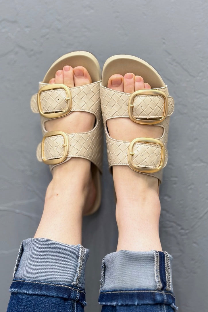 Desiree - Beige Woven Slide Gold Buckles