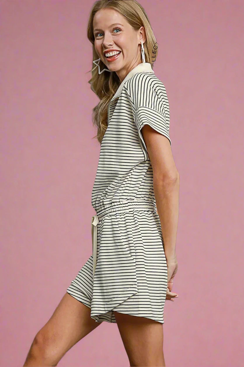 Striped Half Zip Romper - Cream