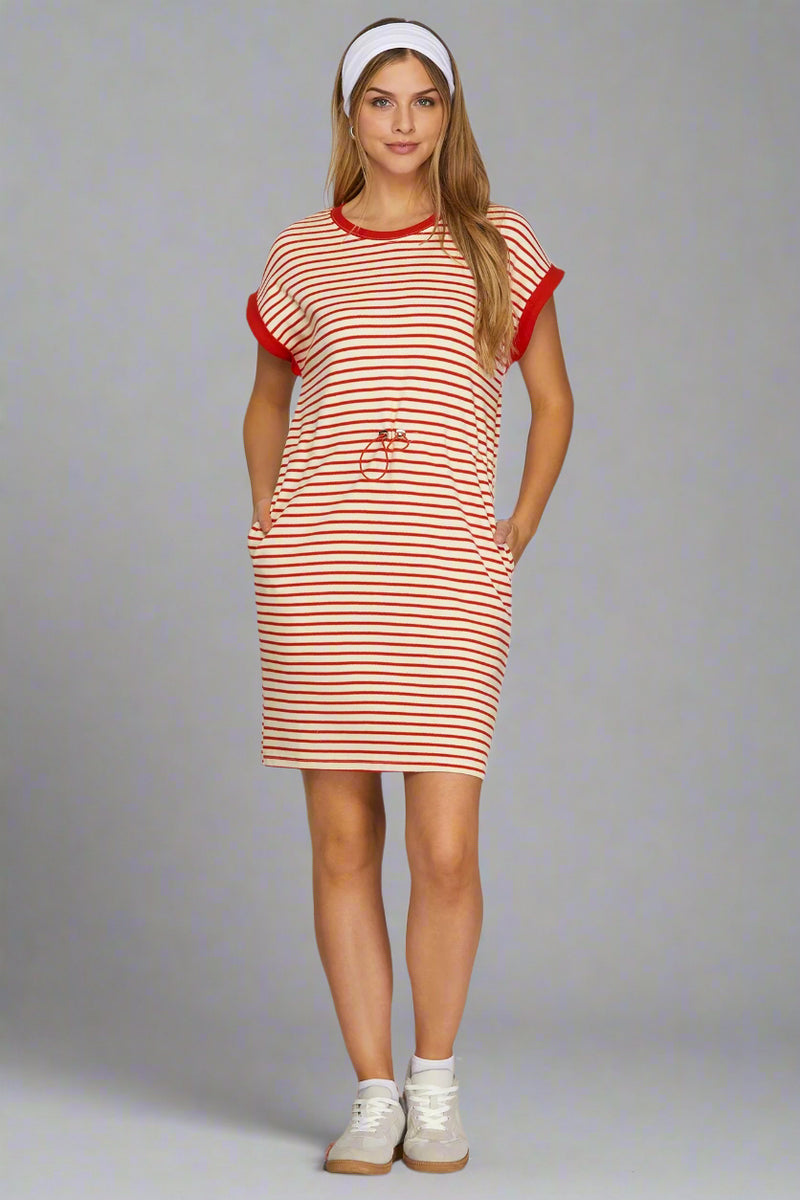 Cinch Waist Striped Knit Dress - Red