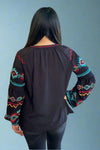 Balloon Sleeve Embroidered Top - Black