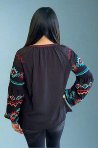 Balloon Sleeve Embroidered Top - Black