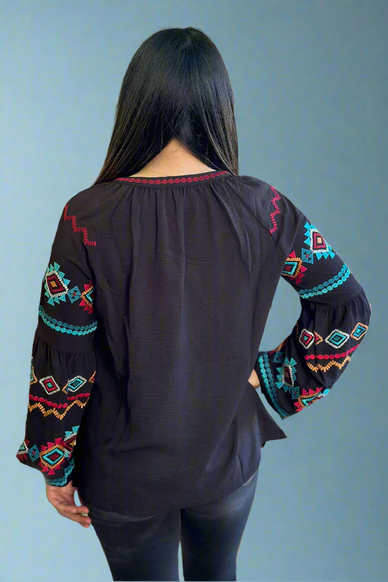 Balloon Sleeve Embroidered Top - Black