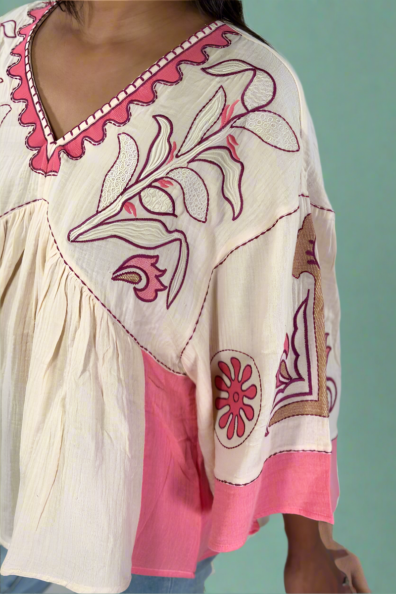 Embroidered Gauzy Top - Peach Pink