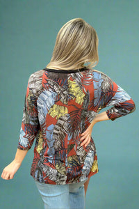 Floral V-Neck 3/4 Sleeve Top Rust