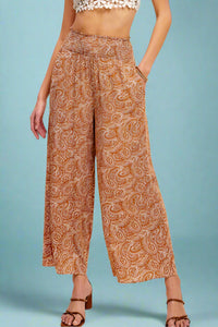 Boho Paisley Print Wide Leg Pant - Caramel