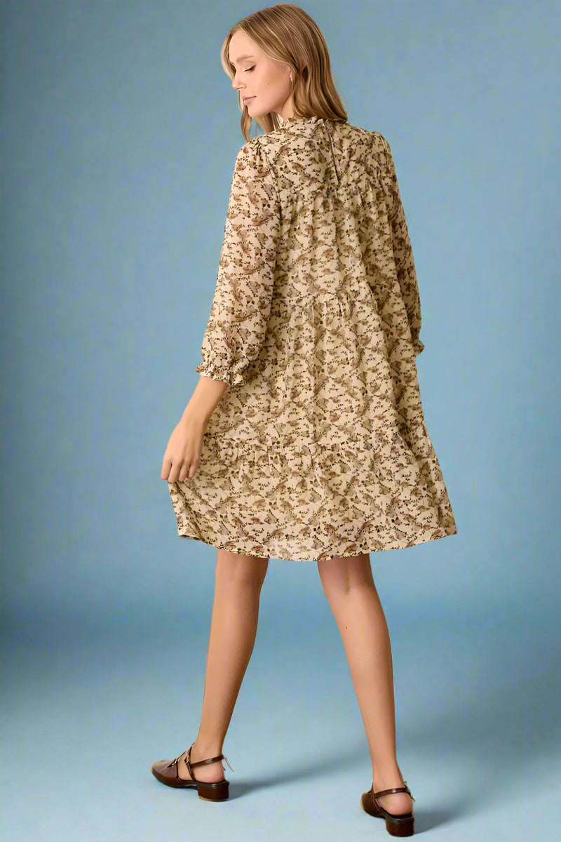 Floral Smocked Yoke Tiered Dress - Cream