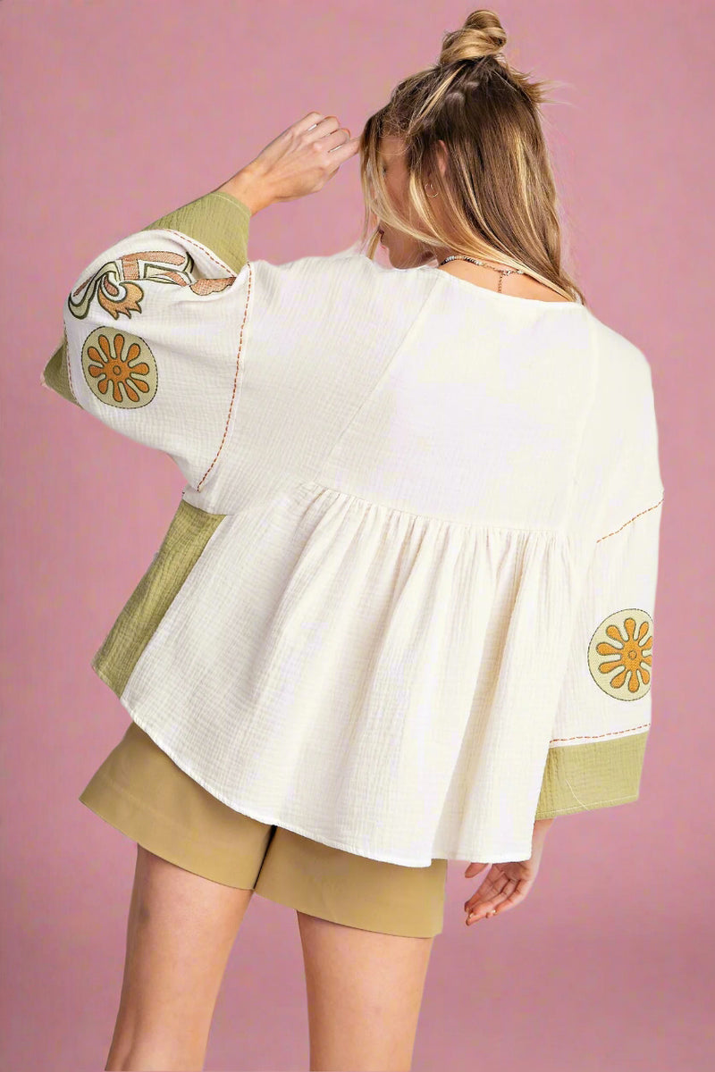 Embroidered Gauzy Top - Sage