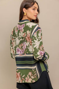 Printed Button Front Top - Olive