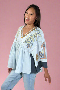 Embroidered Gauzy Top - Dusty Blue