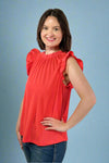 Ribbed Ruffle Sleeve Top - Tomato