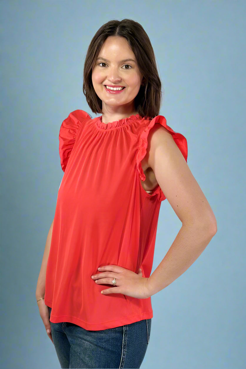 Ribbed Ruffle Sleeve Top - Tomato