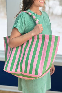 Striped Terry Beach Tote Bag - Pink Green