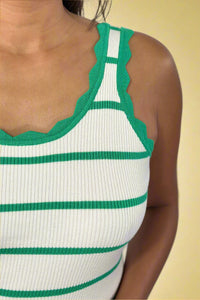 Scalloped Edge Knit Striped Tank Top - Bright Green