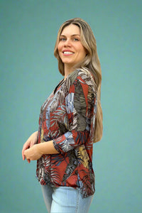 Floral V-Neck 3/4 Sleeve Top Rust