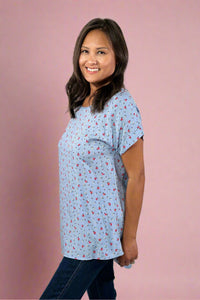 Floral Folded Sleeve Top - Blue