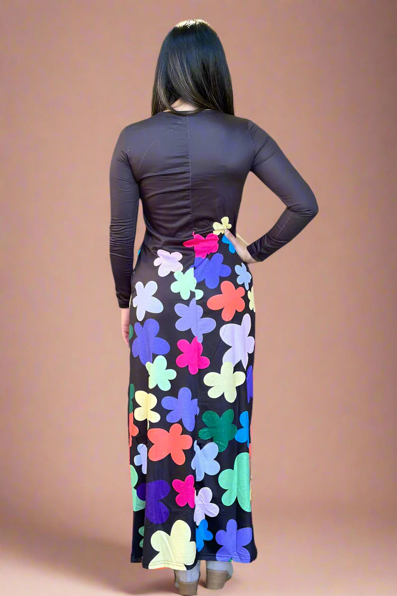 Asymmetric Floral Maxi Dress - Black