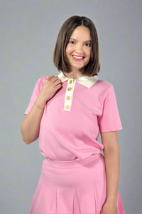 Contrast Collar Light Sweater Top - Pink