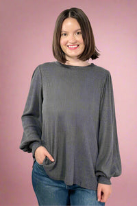 Bella Puff Sleeve Rib Top - Charcoal
