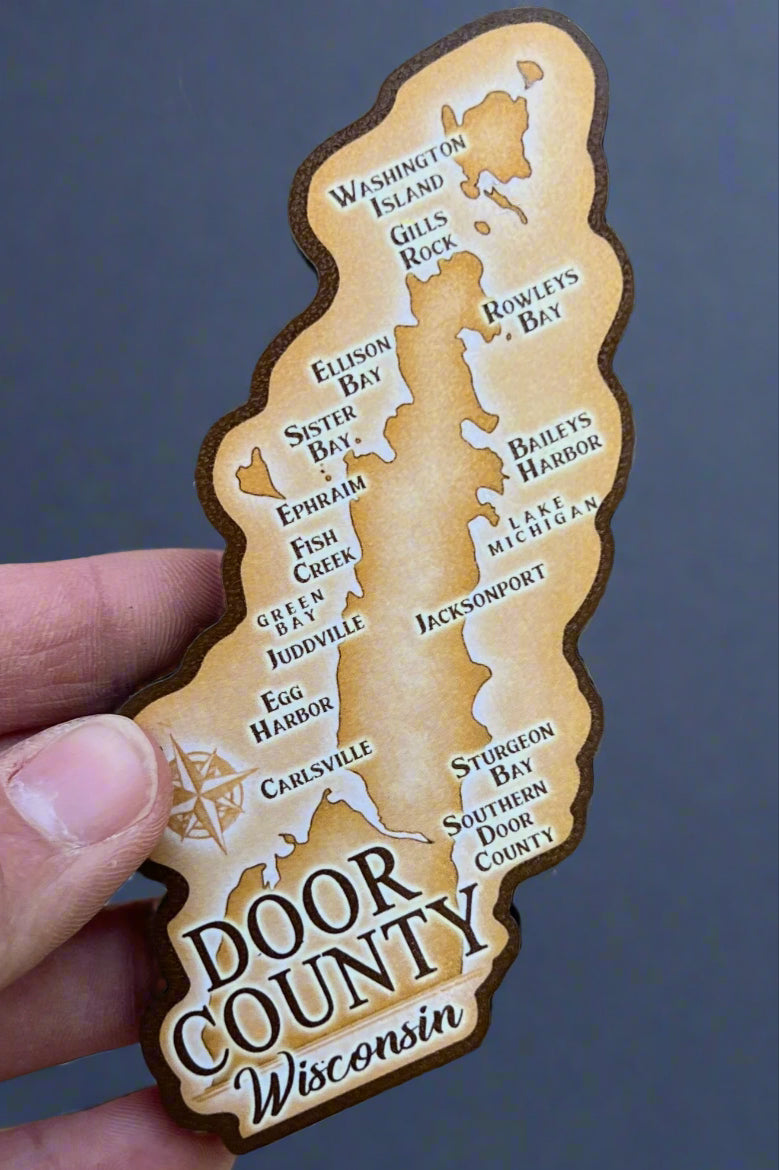 A wood magnet map of the Door Peninsula. 