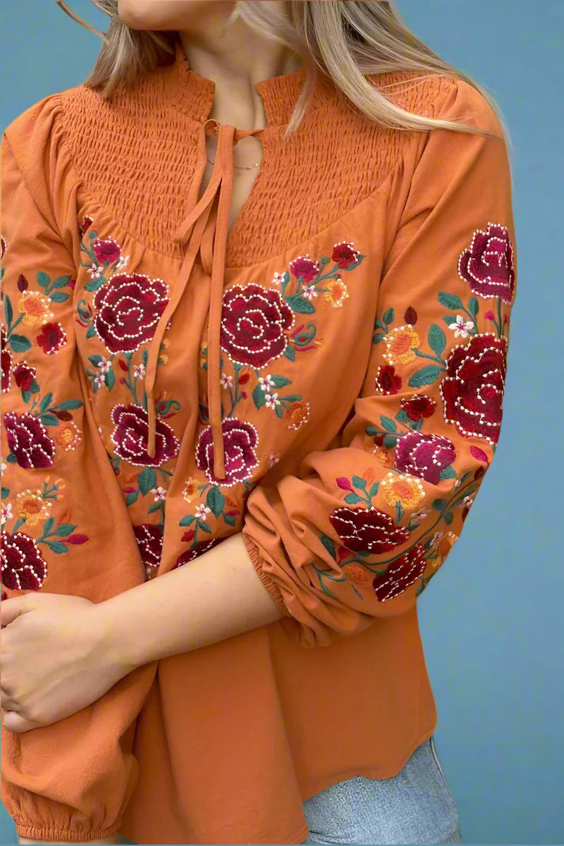 Smocked Yoke Embroidered Top Marigold