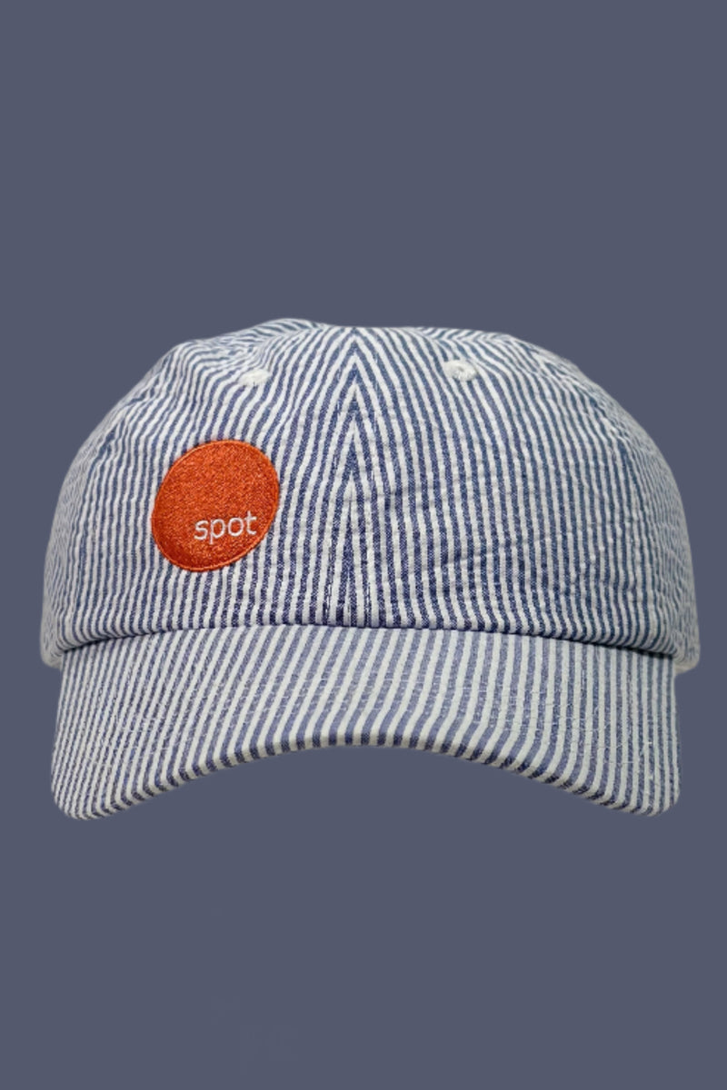 Blue and white seersucker oxford striped baseball cap featuring an embroidered Spot logo.