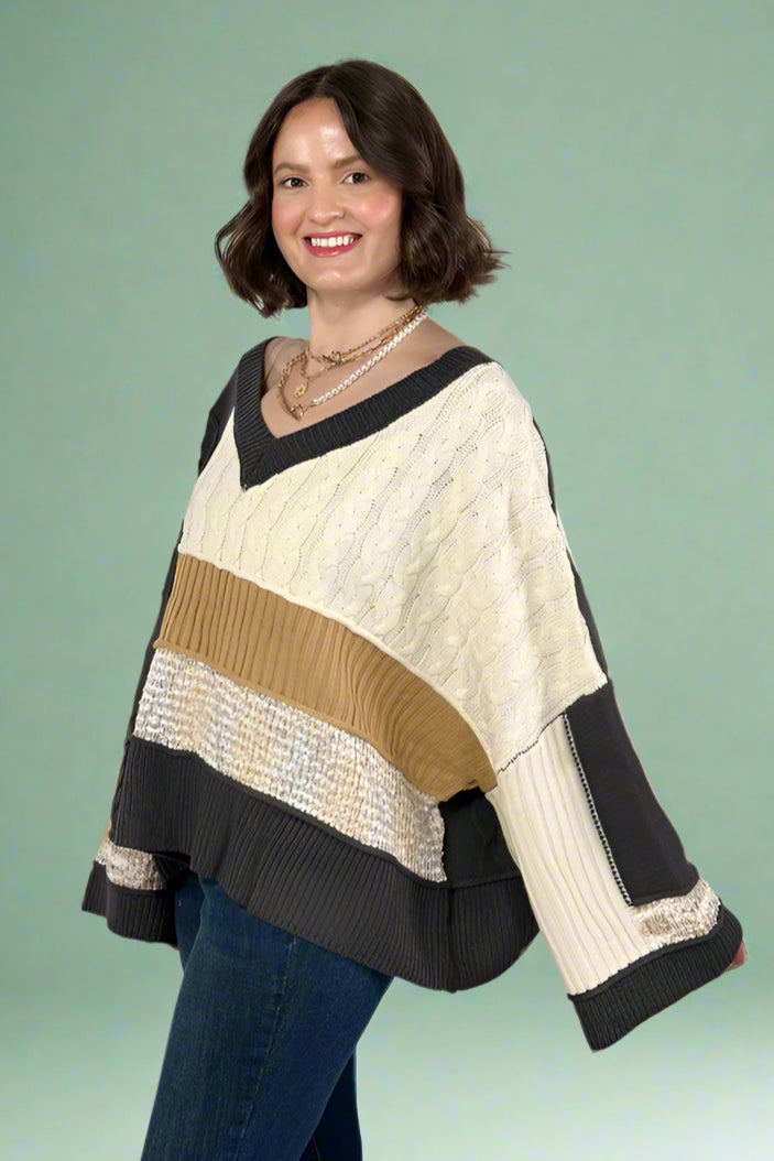 Multi Fabric Color Block V Neck Sweater