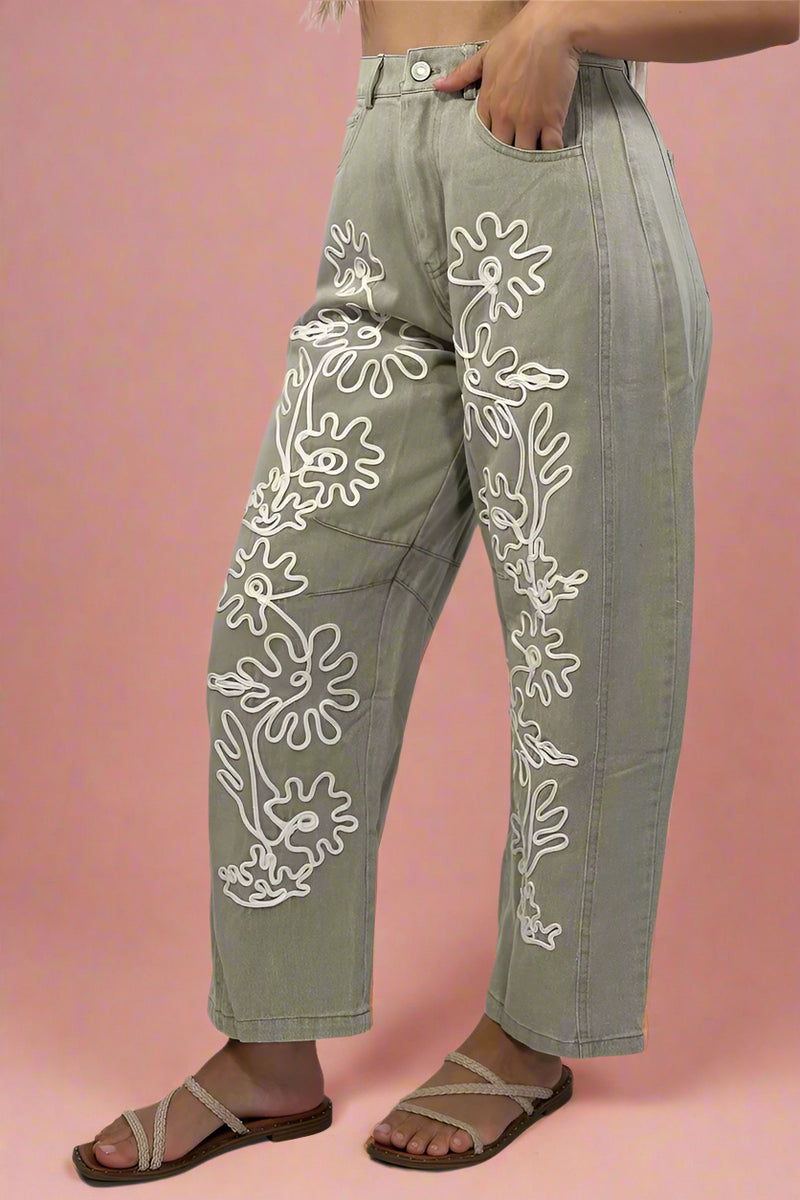 Floral Embroidered Barrel Pants - Sage