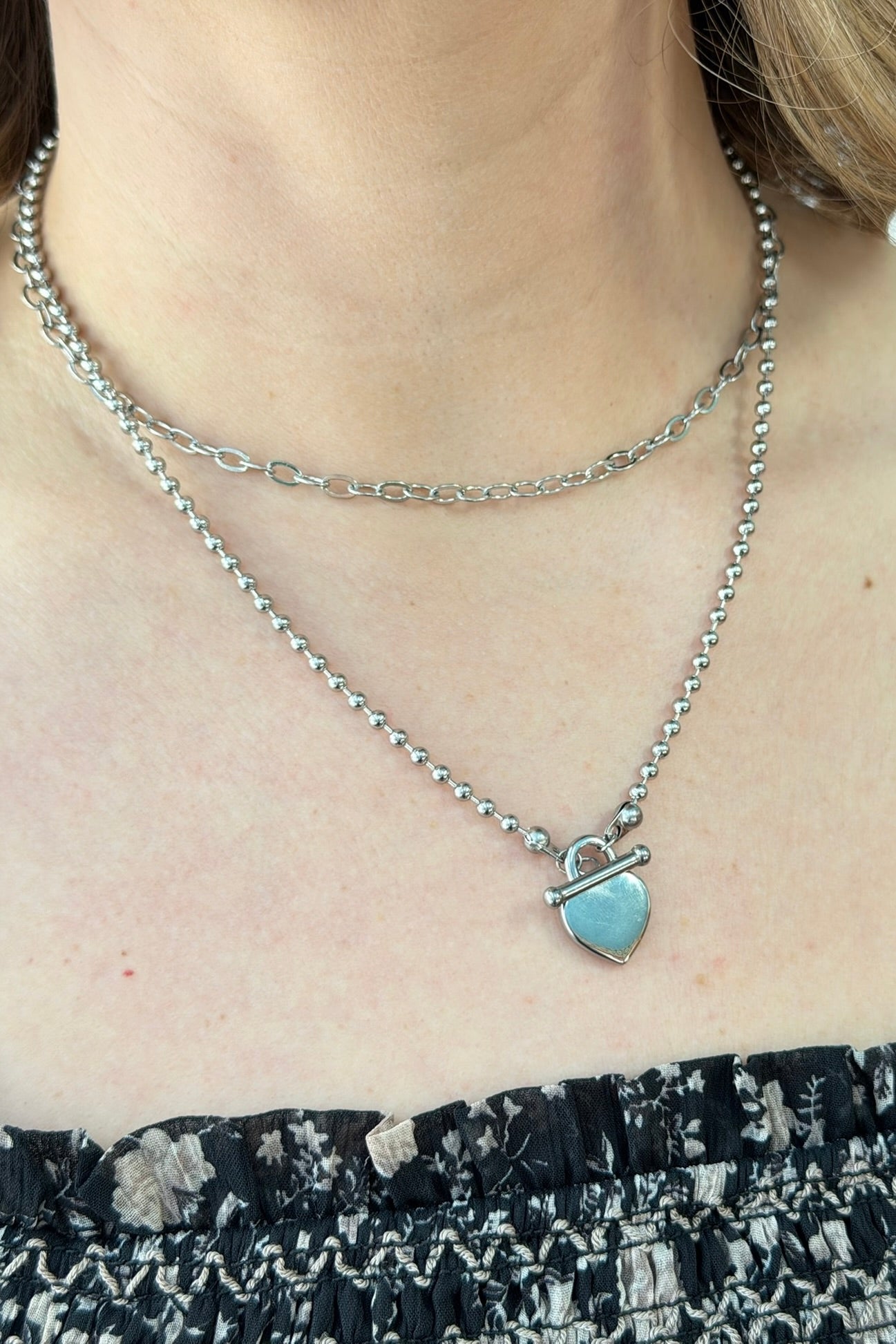 Layered Heart Charm Necklace - Silver