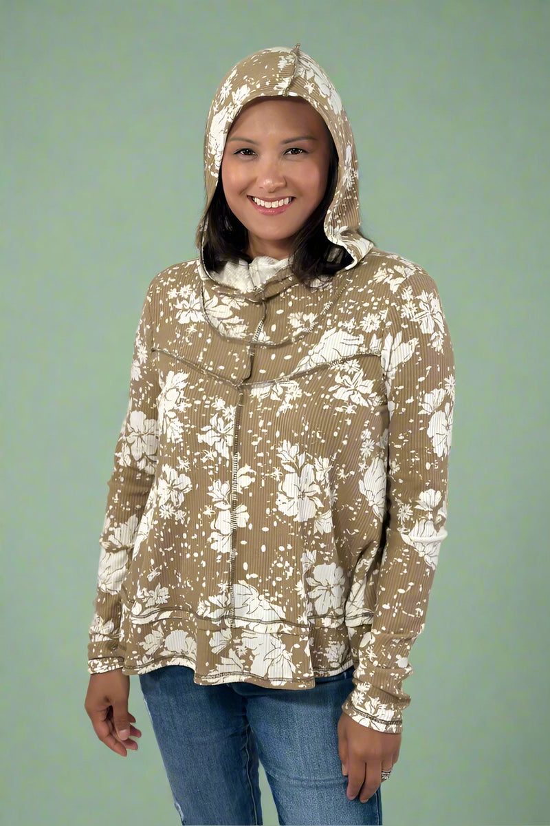 Hoodie Long Sleeve Floral Top - Taupe