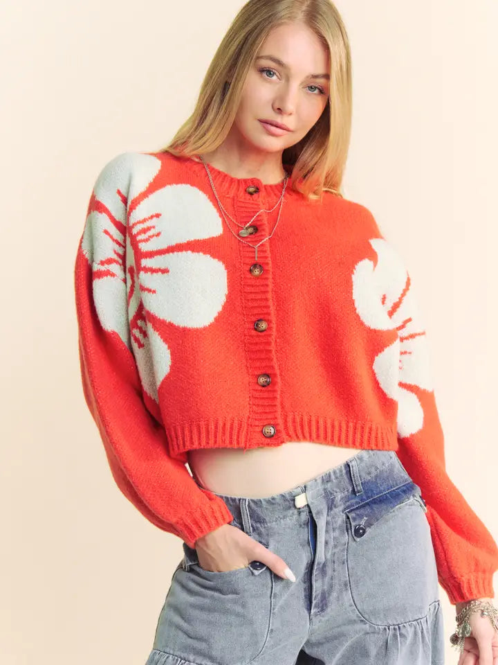 Smile Daisy Print Cropped Cardigan