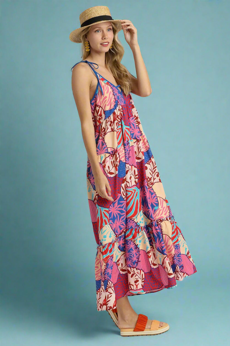 Mixed Print Spaghetti Tie Strap Dress Blue