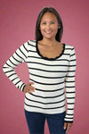 Scalloped Edge Striped Ribbed Sweater - Black