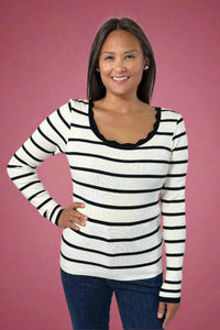 Scalloped Edge Striped Ribbed Sweater - Black