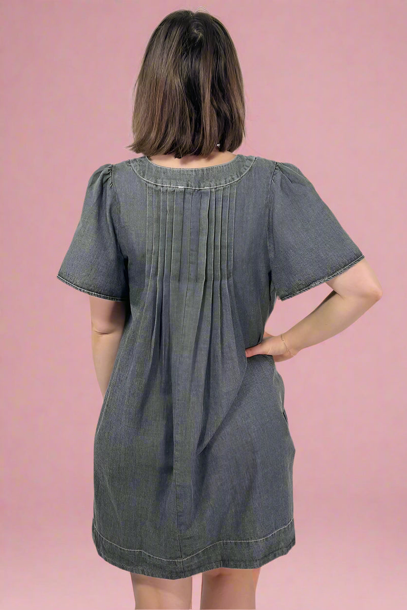 Pleated Front Mini Dress - Washed Black