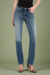 Person wearing blue straight leg jeans on a plain background.