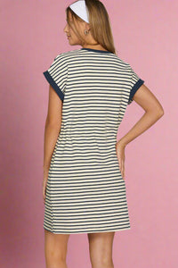 Cinch Waist Striped Knit Dress - Navy
