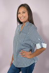 Striped 3/4 Sleeve Blouse - Navy