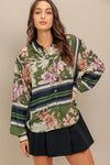 Printed Button Front Top - Olive