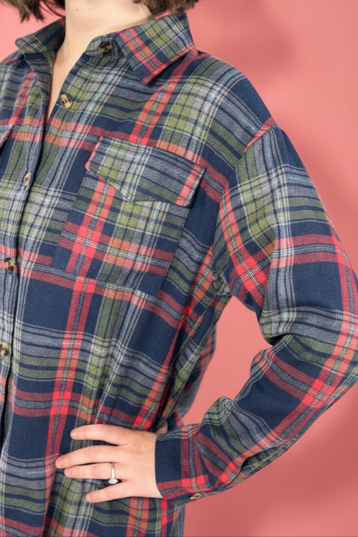 Plaid Button Up Flannel Shirt - Navy