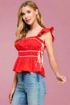 Ruched Detail Ruffled Straps - Red