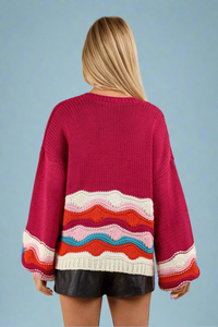 Button Down Wave Knit Sweater - Magenta