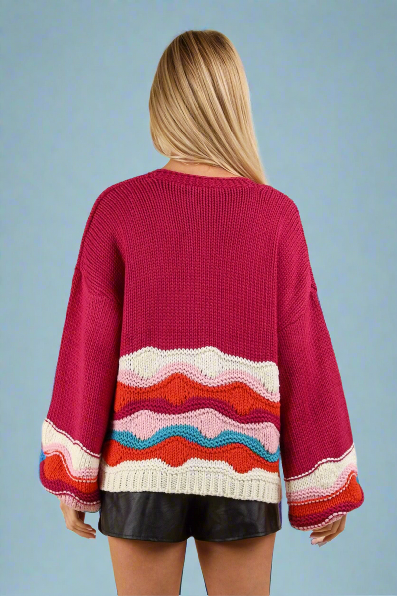 Button Down Wave Knit Sweater - Magenta