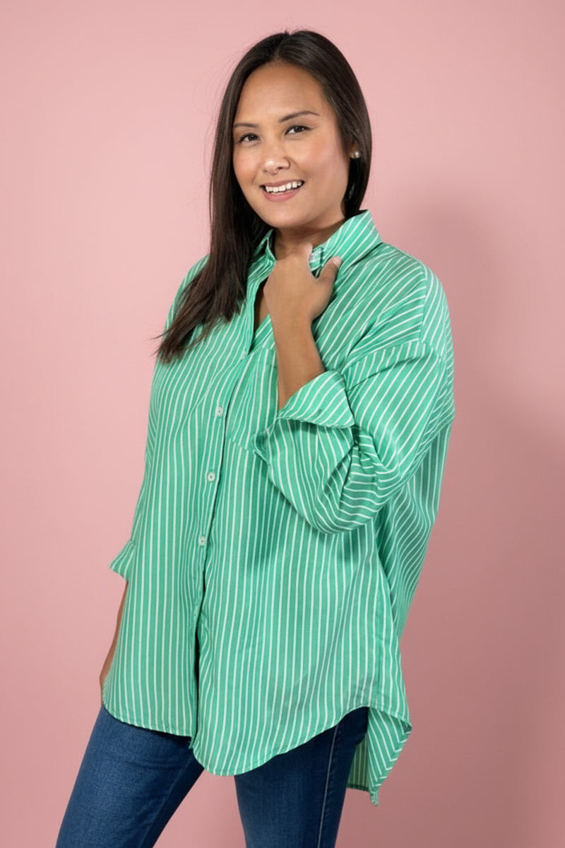 Oversized Striped Long Sleeve Shirt - Green